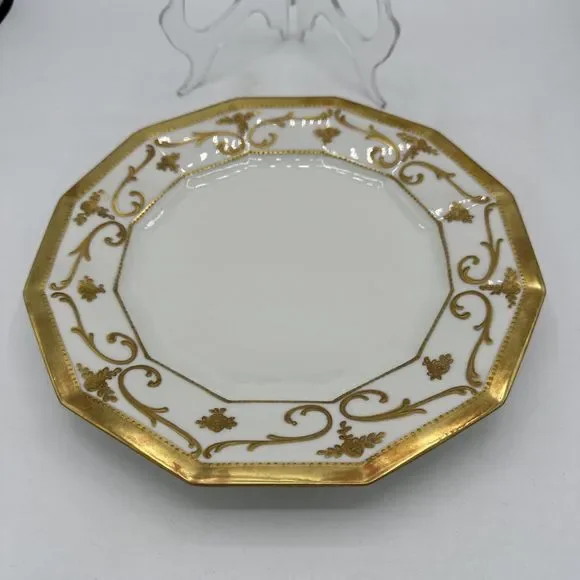 Antique Limoges Plate 9.25” Gold Trim France 12-sided Embossed Scroll - Picture 7 of 14